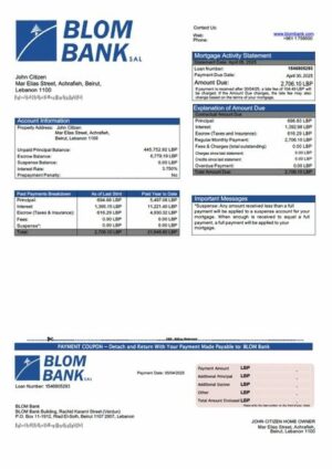 Lebanon BLOM Bank mortgage statement Word and PDF template