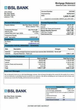 Lebanon BSL Bank mortgage statement Word and PDF template