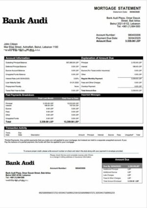 Lebanon Bank Audi mortgage statement Word and PDF template