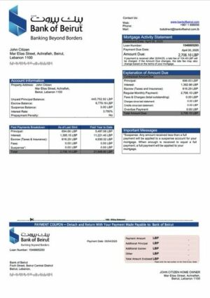 Lebanon Bank of Beirut mortgage statement Word and PDF template