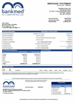 Lebanon BankMed mortgage statement Word and PDF template