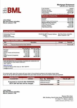 Lebanon Banque Misr Liban mortgage statement Word and PDF template