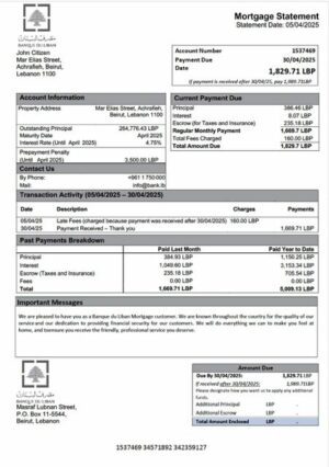 Lebanon Banque du Liban mortgage statement Word and PDF template