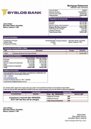 Lebanon Byblos Bank mortgage statement Word and PDF template