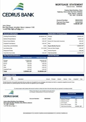 Lebanon Cedrus Bank mortgage statement Word and PDF template