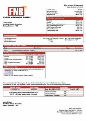 Lebanon First National Bank mortgage statement Word and PDF template