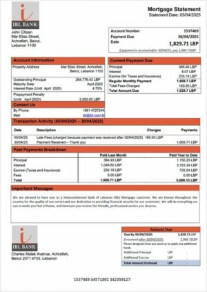 Lebanon Intercontinental Bank of Lebanon (IBL) mortgage statement Word and PDF template