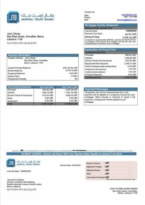 Lebanon Jammal Trust Bank mortgage statement Word and PDF template