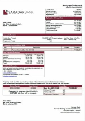 Lebanon Saradar Bank mortgage statement Word and PDF template