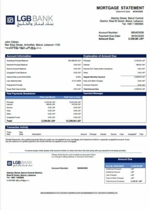 Lebanon and Gulf Bank mortgage statement Word and PDF template