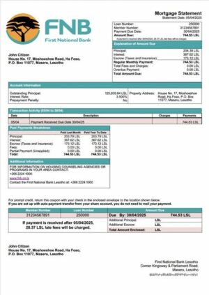 Lesotho First National Bank Lesotho mortgage statement Word and PDF template