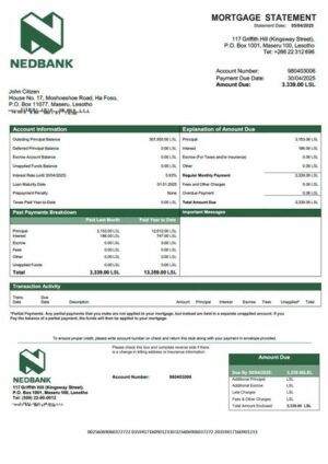 Lesotho Nedbank Lesotho mortgage statement Word and PDF template