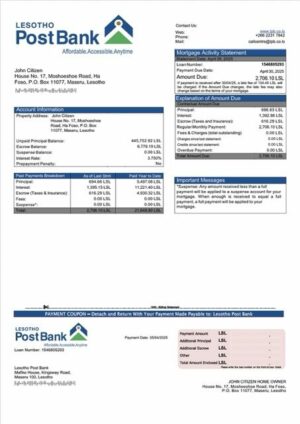 Lesotho Post Bank mortgage statement Word and PDF template