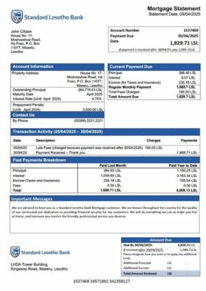 Lesotho Standard Lesotho Bank mortgage statement Word and PDF template