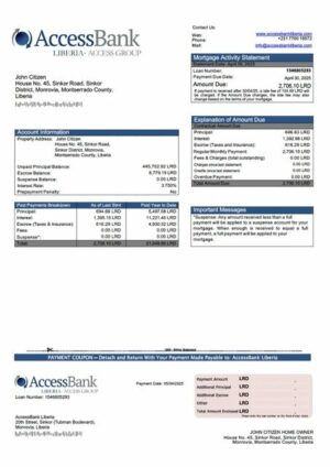 Liberia AccessBank Liberia mortgage statement Word and PDF template