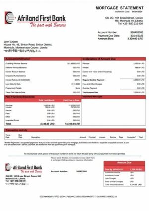 Liberia Afriland First Bank Liberia mortgage statement Word and PDF template