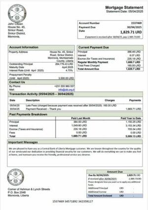 Liberia Central Bank of Liberia mortgage statement Word and PDF template