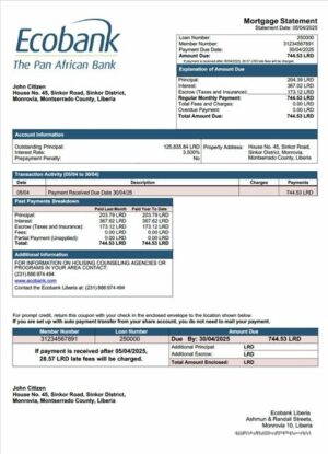 Liberia Ecobank Liberia mortgage statement Word and PDF template