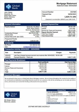 Liberia Global Bank Liberia mortgage statement Word and PDF template