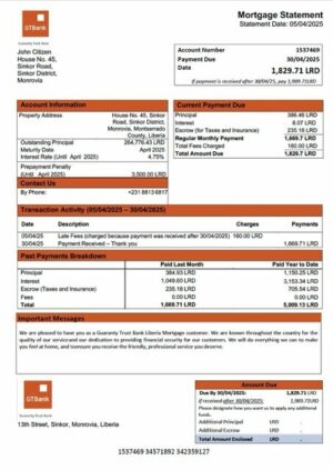 Liberia Guaranty Trust Bank Liberia mortgage statement Word and PDF template