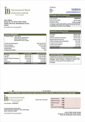 Liberia International Bank Liberia (IBLL) mortgage statement Word and PDF template