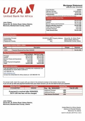 Liberia United Bank for Africa Liberia mortgage statement Word and PDF template