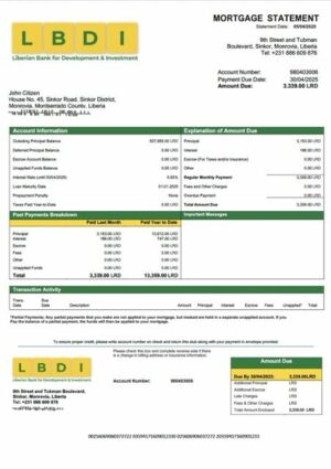 Liberian Bank for Development and Investment (LBDI) mortgage statement Word and PDF template