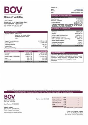 Libya Bank of Valletta mortgage statement Word and PDF template