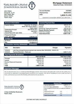 Libya Jumhouria Bank mortgage statement Word and PDF template