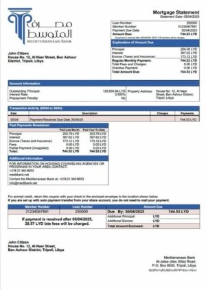 Libya Mediterranean Bank mortgage statement Word and PDF template