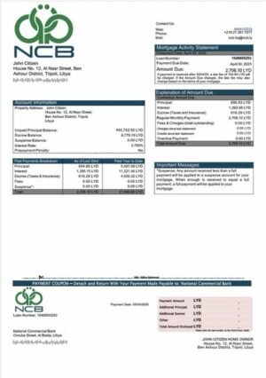 Libya National Commercial Bank mortgage statement Word and PDF template