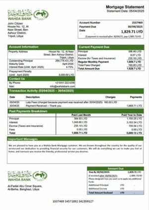 Libya Wahda Bank mortgage statement Word and PDF template