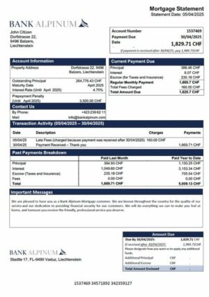 Liechtenstein Bank Alpinum mortgage statement Word and PDF template