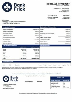 Liechtenstein Bank Frick & Co mortgage statement Word and PDF template