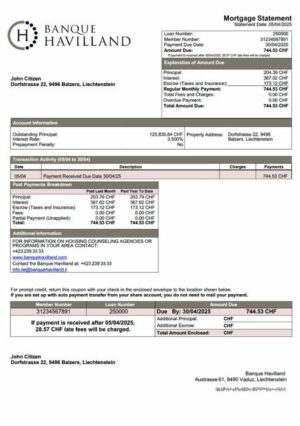Liechtenstein Banque Havilland mortgage statement Word and PDF template