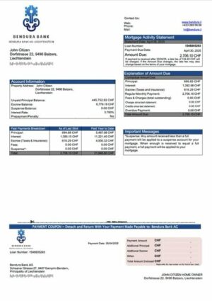 Liechtenstein Bendura Bank AG mortgage statement Word and PDF template
