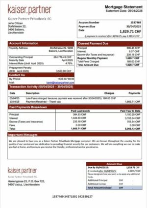 Liechtenstein Kaiser Partner Privatbank mortgage statement Word and PDF template