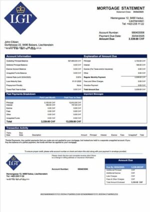 Liechtenstein LGT Bank mortgage statement Word and PDF template