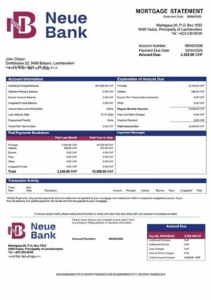 Liechtenstein Neue Bank mortgage statement Word and PDF template