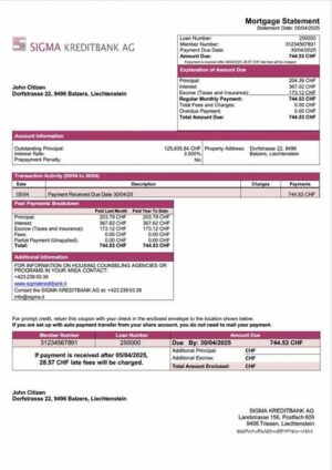 Liechtenstein SIGMA KREDITBANK AG mortgage statement Word and PDF template