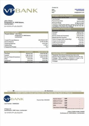 Liechtenstein VP Bank AG mortgage statement Word and PDF template