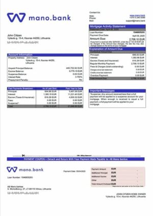 Lithuania AB Mano bankas mortgage statement Word and PDF template