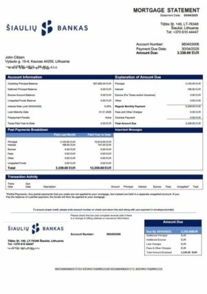 Lithuania AB Šiaulių bankas mortgage statement Word and PDF template