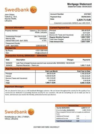 Lithuania AB Swedbank mortgage statement Word and PDF template