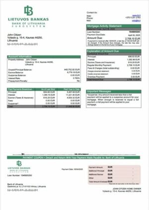 Lithuania Bank of Lithuania mortgage statement Word and PDF template