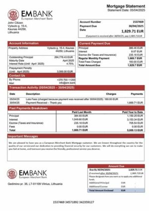 Lithuania European Merchant Bank mortgage statement Word and PDF template
