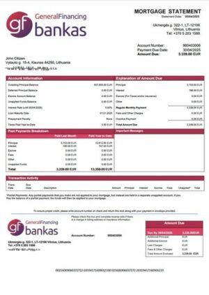 Lithuania UAB GF bankas mortgage statement Word and PDF template