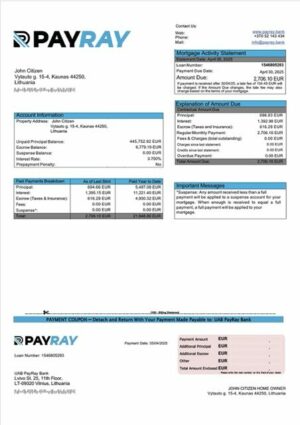Lithuania UAB PayRay Bank mortgage statement Word and PDF template
