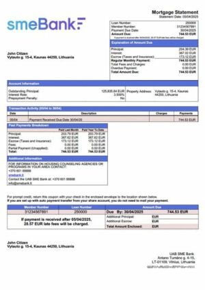 Lithuania UAB SME Bank mortgage statement Word and PDF template