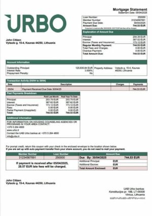 Lithuania UAB Urbo bankas mortgage statement Word and PDF template